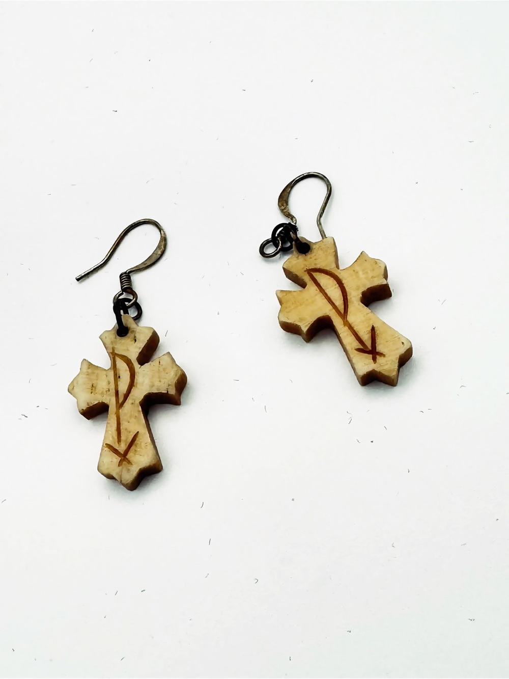 Carved Bone Cross Dangle Earrings Chi Rho Monogram Christian Symbol Antique